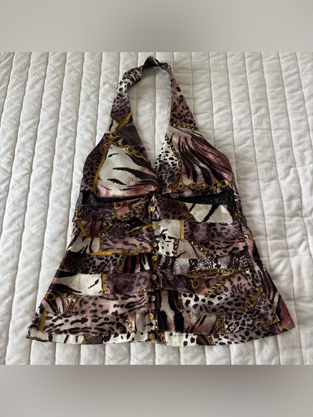 XOXO Y2K grunge glam festival brown animal print halter ruched top size S